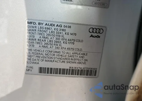 2007 Audi Q7 4.2 Quattro из США, поврежденный, VIN WA1AV74L87D006483